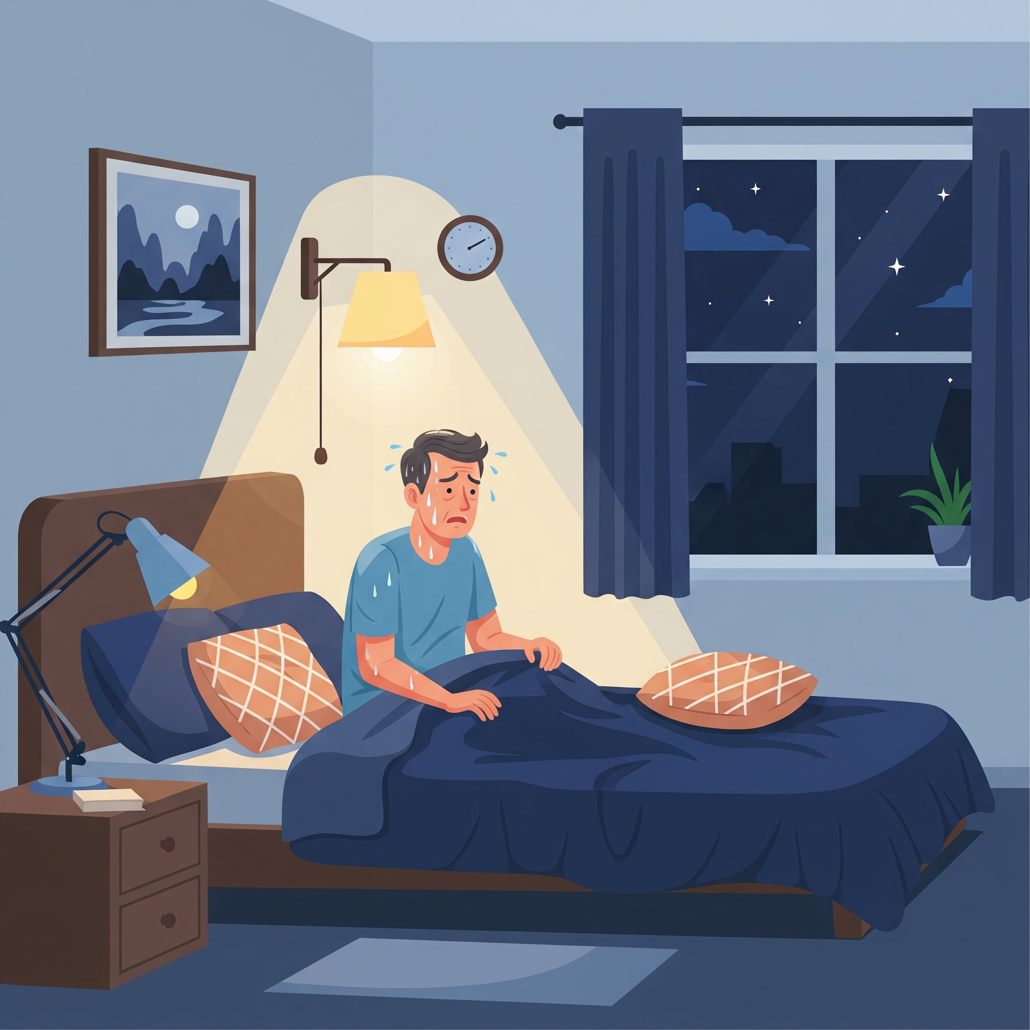animation of a man up at night from a mattress that's not cooling