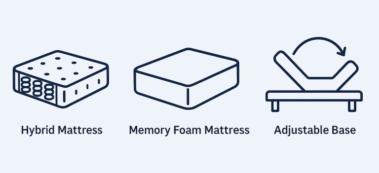 illustration of hybrid and memory foam mattress types and an adjustable base